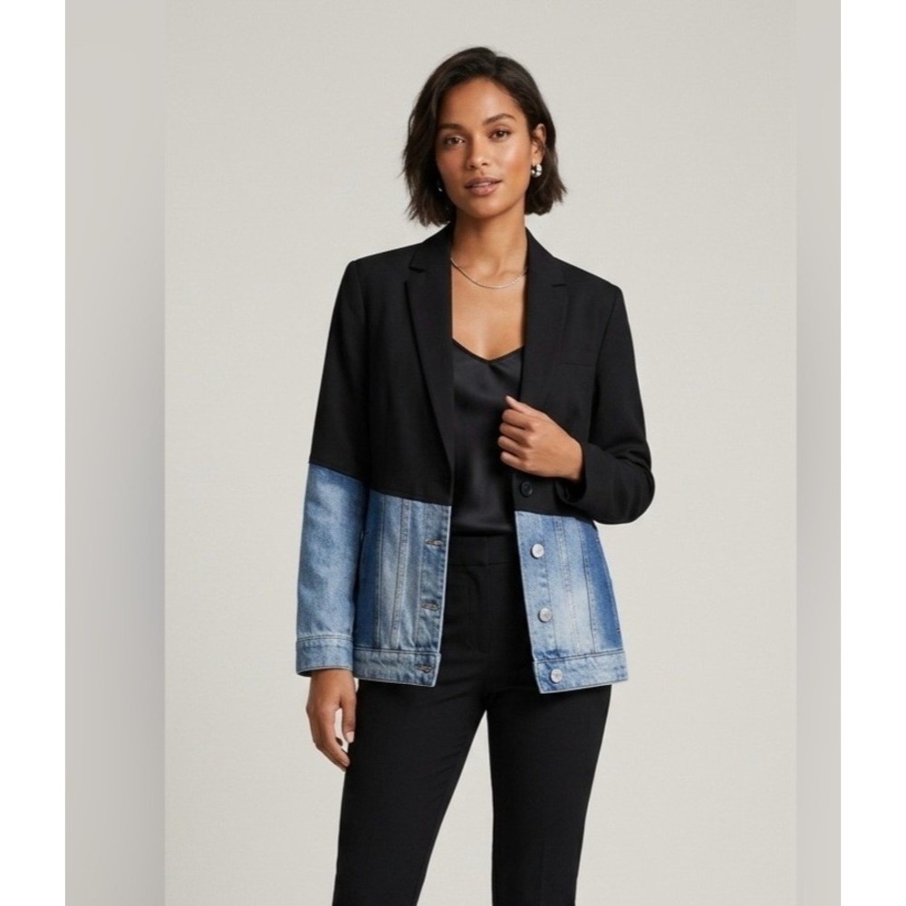 Desigual Hybrid Bimaterial Blazer Denim Trucker Jacket, Black/Blue